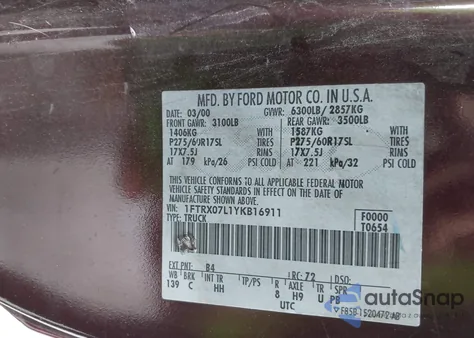 2000 Ford F-150 Lariat/Xl/Xlt from USA, damaged, VIN 1FTRX07L1YKB16911